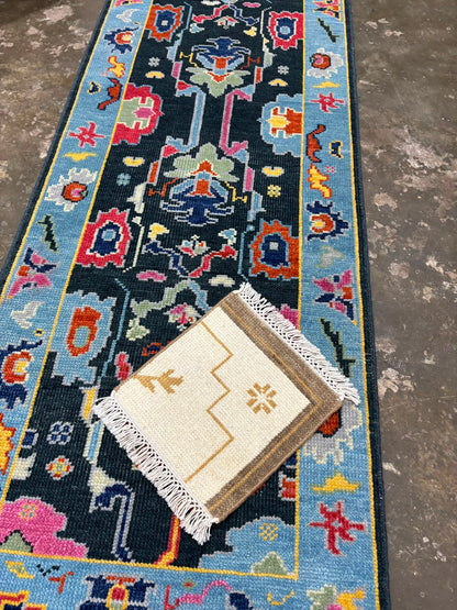 Black & Sky Blue Oushak Runner Rug