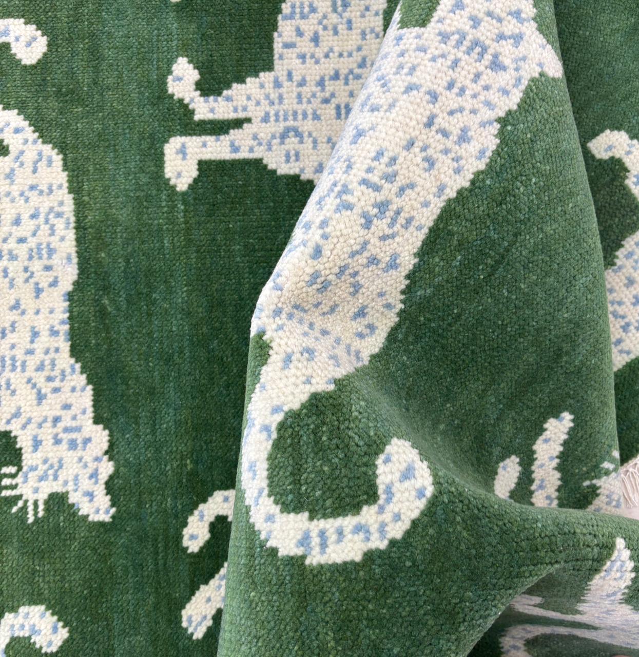 Close-up texture of handwoven wool leopard rug
