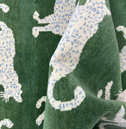 Close-up texture of handwoven wool leopard rug
