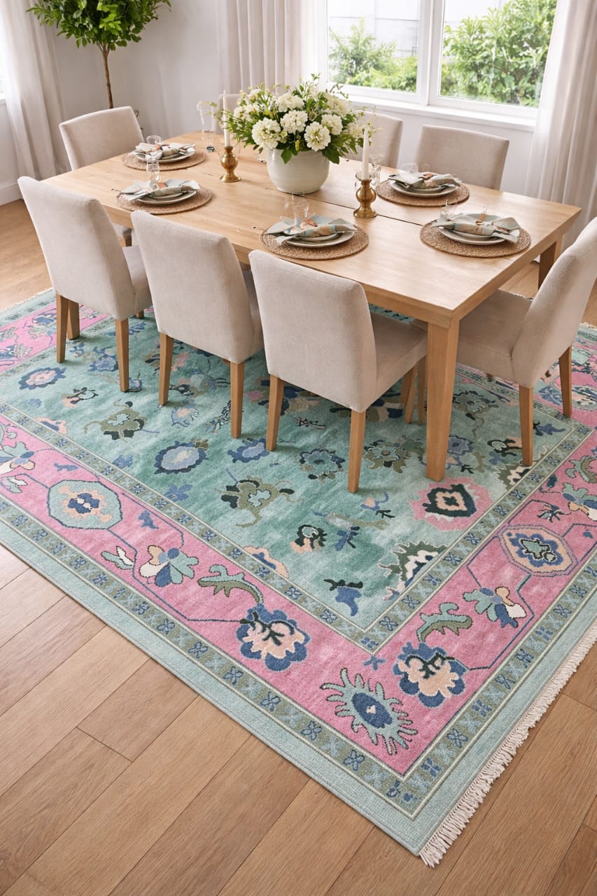 Handwoven Oushak rug placed under a wooden dining table in a real home setting, showing natural colors, texture, and craftsmanship.