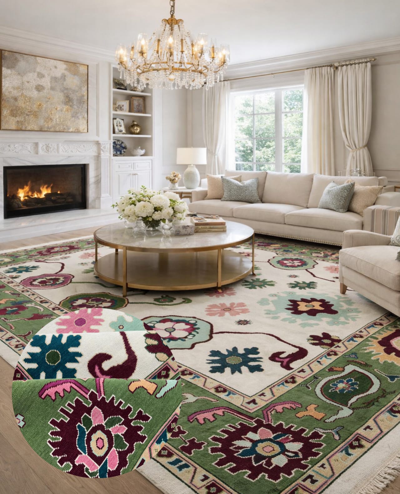 Handwoven Oushak wool rug styled in a bright neutral living room with soft natural light
