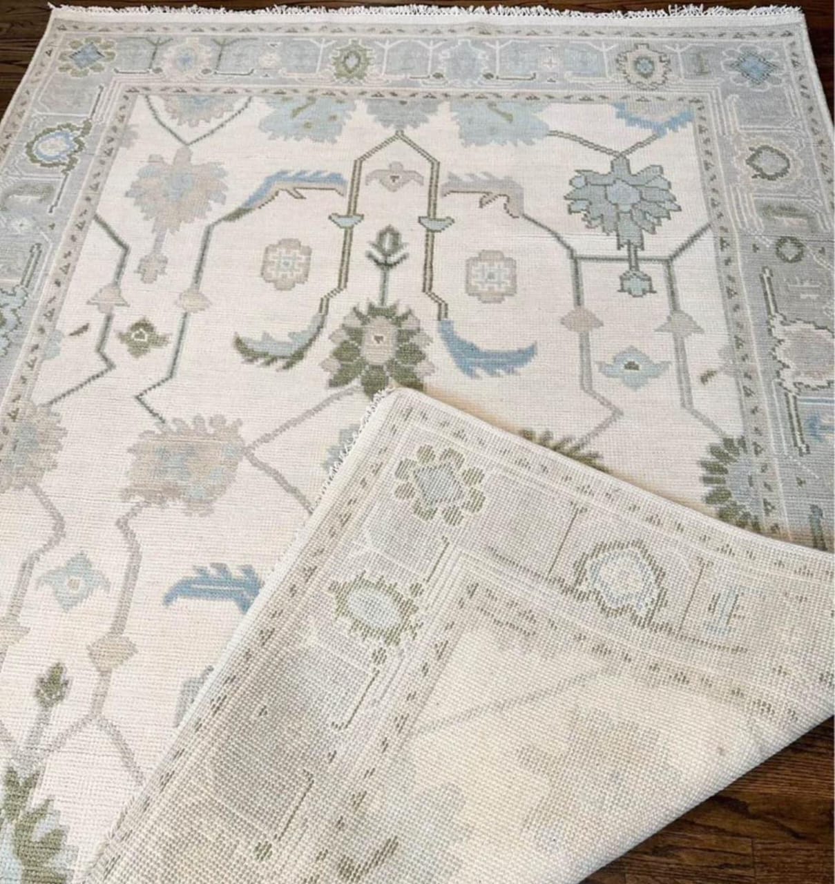 Backside weave detail of handwoven Oushak wool rug showing craftsmanship