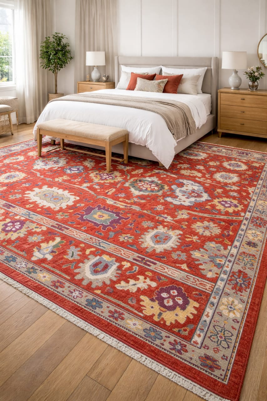 Handwoven Oushak wool rug styled in a bedroom with soft daylight, highlighting traditional design and everyday home use.