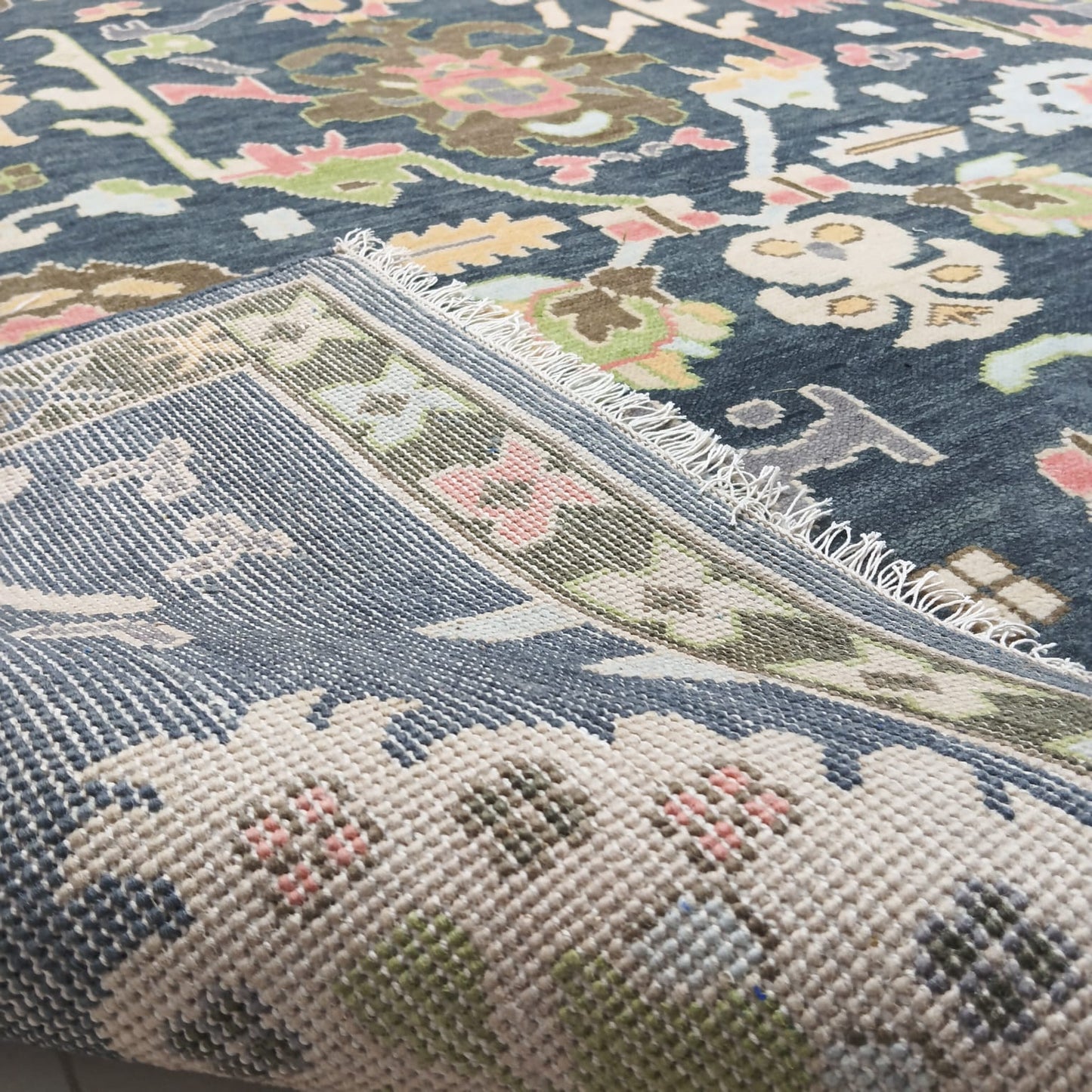 Backside weave detail of handmade wool Oushak rug