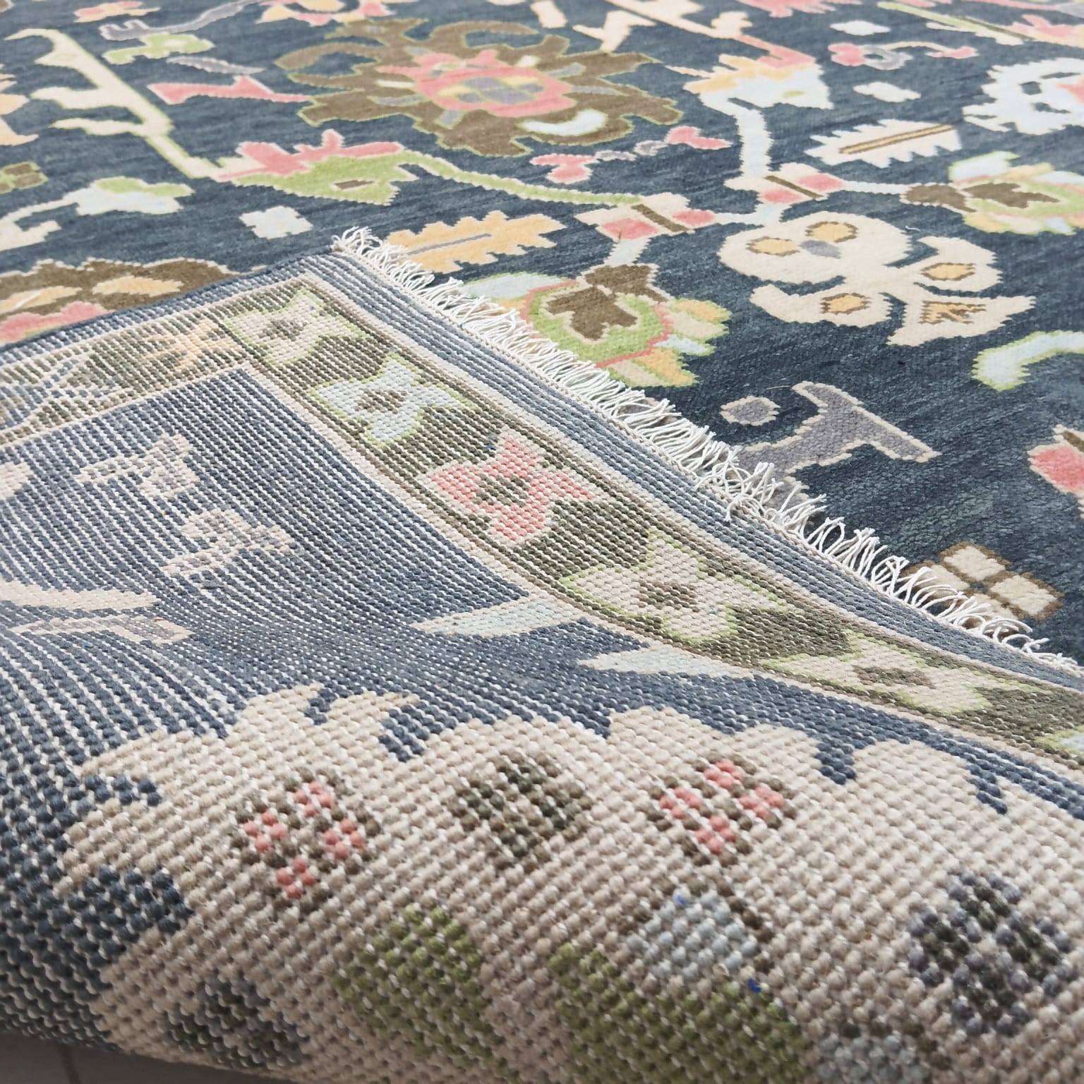 Backside weave detail of handmade wool Oushak rug