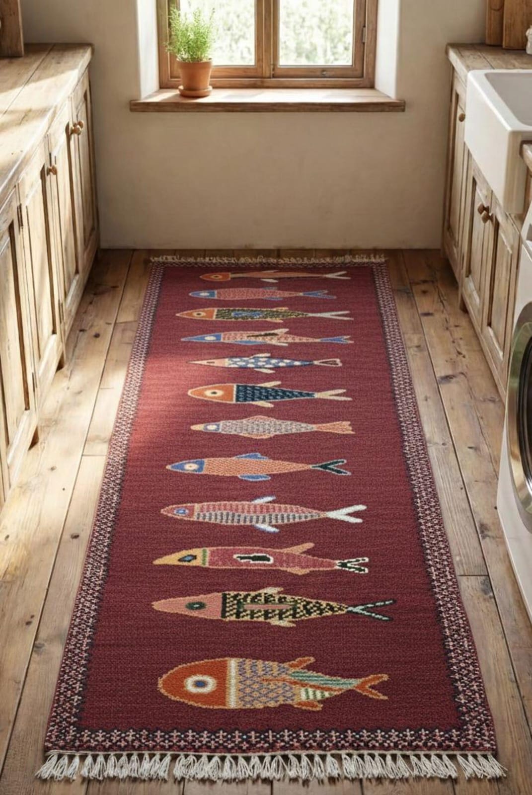 Handmade fish runner rug in a rustic kitchen with wooden flooring, featuring colorful nautical fish motifs.