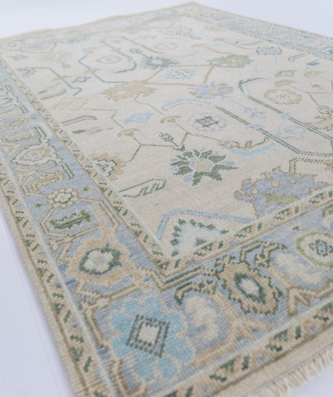 Ivory & Blue Handwoven Oushak Wool Rug