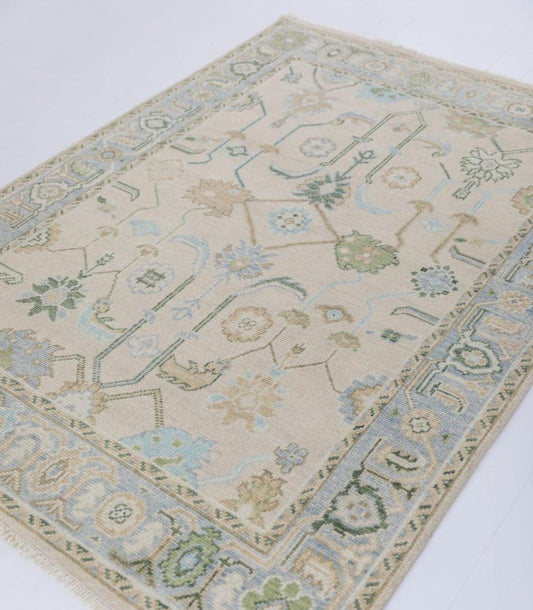 Ivory & Blue Handwoven Oushak Wool Rug