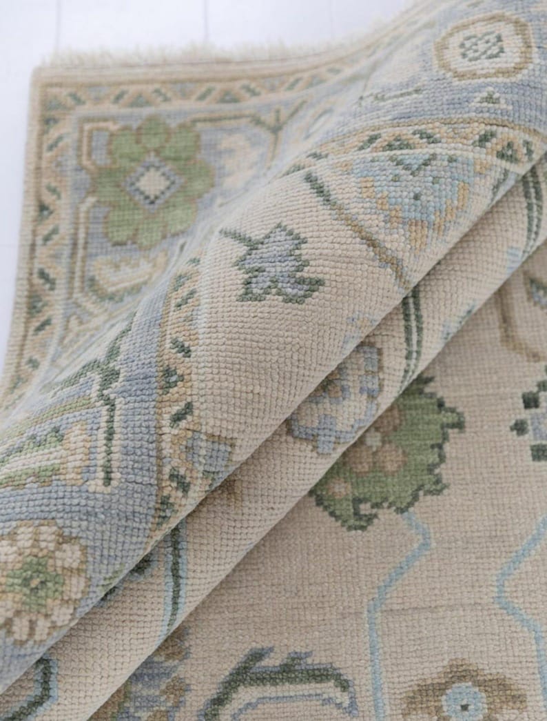 Ivory & Blue Handwoven Oushak Wool Rug
