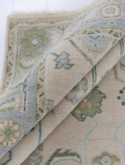 Ivory & Blue Handwoven Oushak Wool Rug