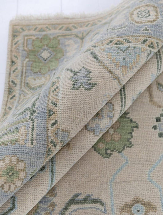 Ivory & Blue Handwoven Oushak Wool Rug