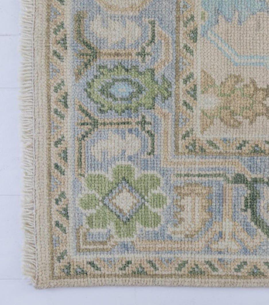 Ivory & Blue Handwoven Oushak Wool Rug