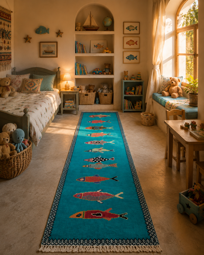 Colorful handmade fish runner rug in cozy kids bedroom with coastal nautical decor and warm natural lighting
