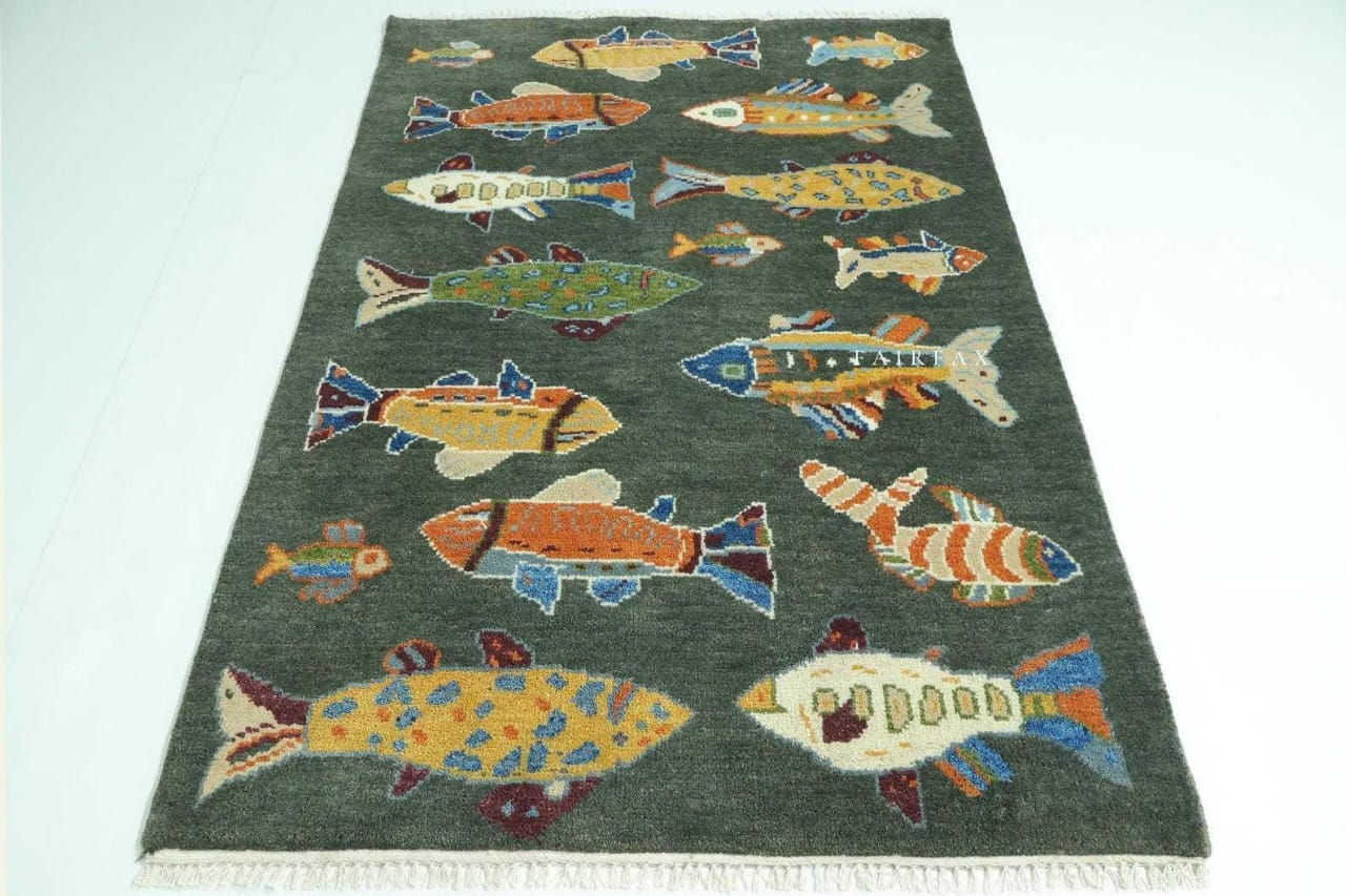 Rug with colorful fish pattern on a plain background