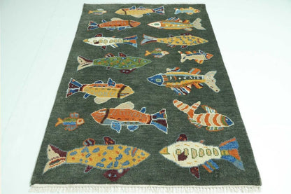 Rug with colorful fish pattern on a plain background