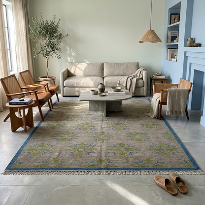 Large handmade botanical wool area rug in ivory, sage green and blue for Scandinavian and modern living room décor