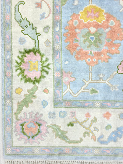 Light blue floral rug showing detailed ornamental border and pastel botanical pattern