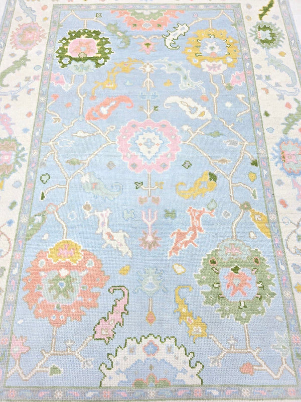 Light blue floral traditional area rug with pastel botanical motifs and decorative border