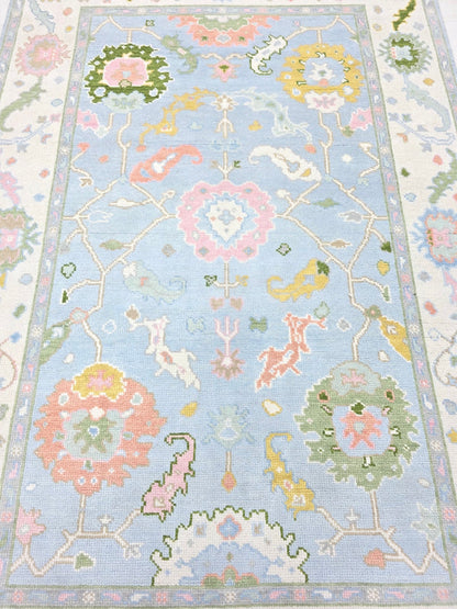 Light blue floral traditional area rug with pastel botanical motifs and decorative border