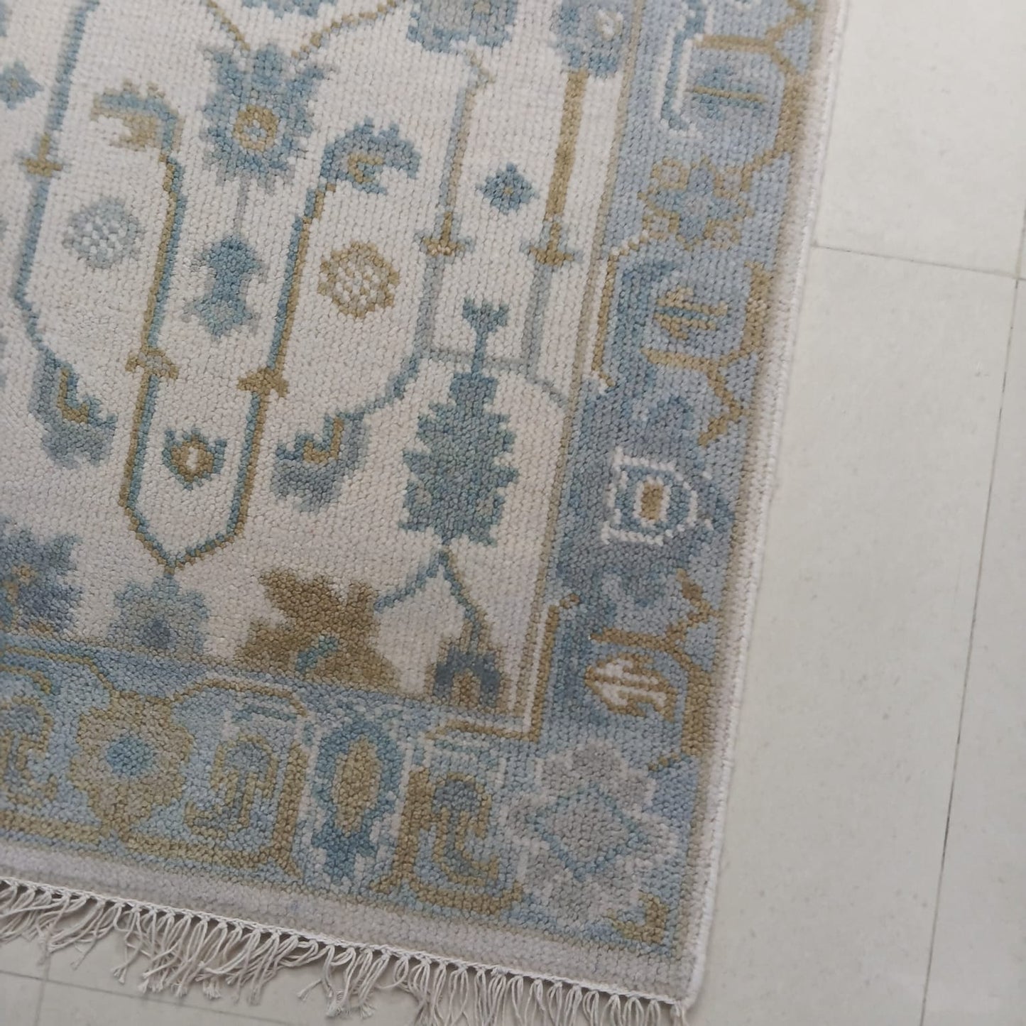 Ivory Light Blue & Beige Wool Hallway Runner