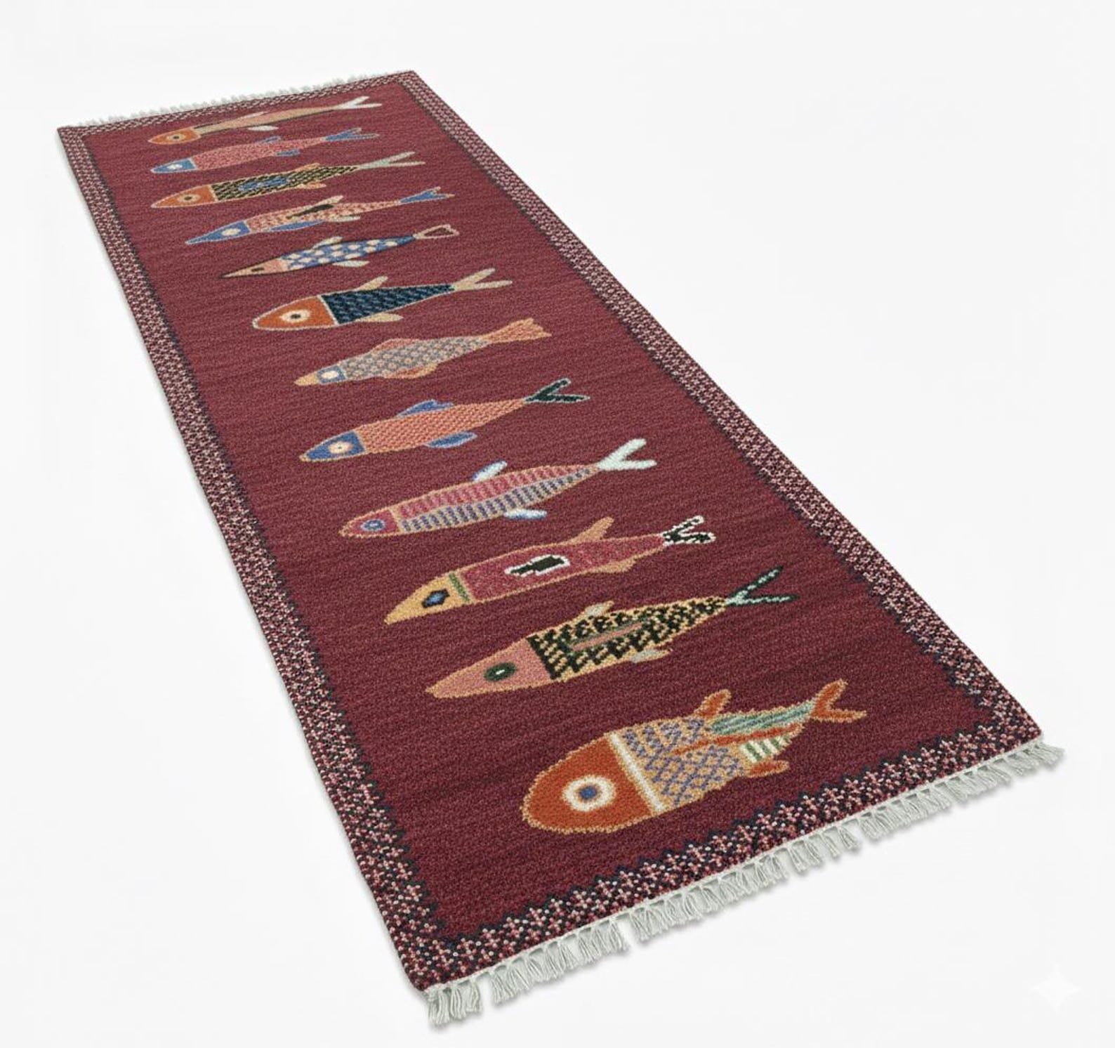 Handmade red fish runner rug with colorful fish pattern, decorative border, and handwoven artisan details.