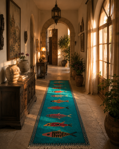 Handmade turquoise coastal fish runner rug in luxury Mediterranean hallway interior with vintage decor and warm natural sunlight