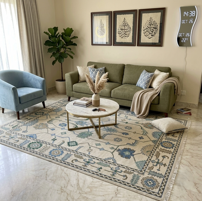 Luxury handmade ivory blue Oushak area rug crafted from premium wool with vintage floral design for living room, bedroom and dining room.