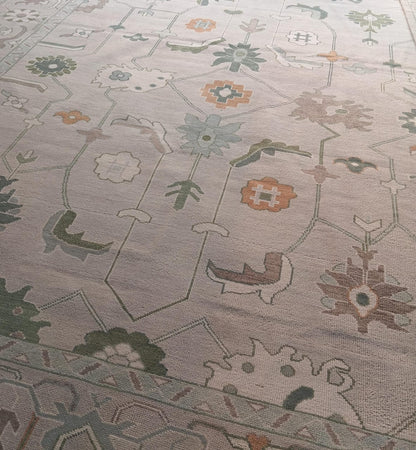 Full view of modern Oushak handwoven wool rug in sage green and blue tones