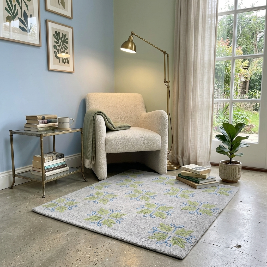 Modern handmade wool accent rug with sage green botanical motifs for reading nook, bedroom or small living room