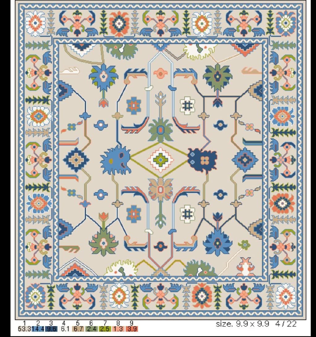 Handmade neutral vintage Oushak wool area rug featuring a warm beige background with dusty blue border, sage green and coral geometric floral motifs.