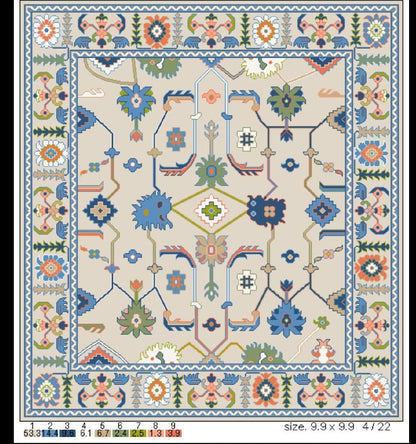 Handmade neutral vintage Oushak wool area rug featuring a warm beige background with dusty blue border, sage green and coral geometric floral motifs.