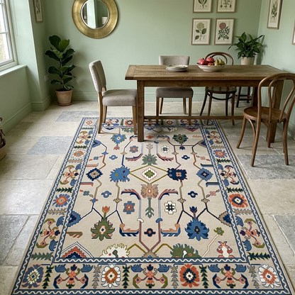 Handmade neutral vintage Oushak wool area rug in a modern dining room featuring a beige background, blue floral border, and traditional Turkish-inspired design.