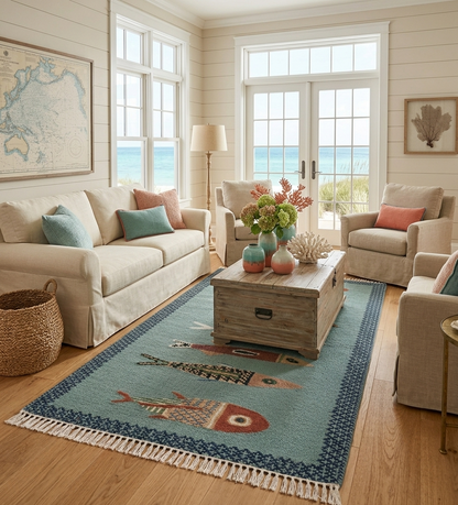 Oushakaura handmade coastal fish runner rug styled in a beach house living room with ocean inspired decor