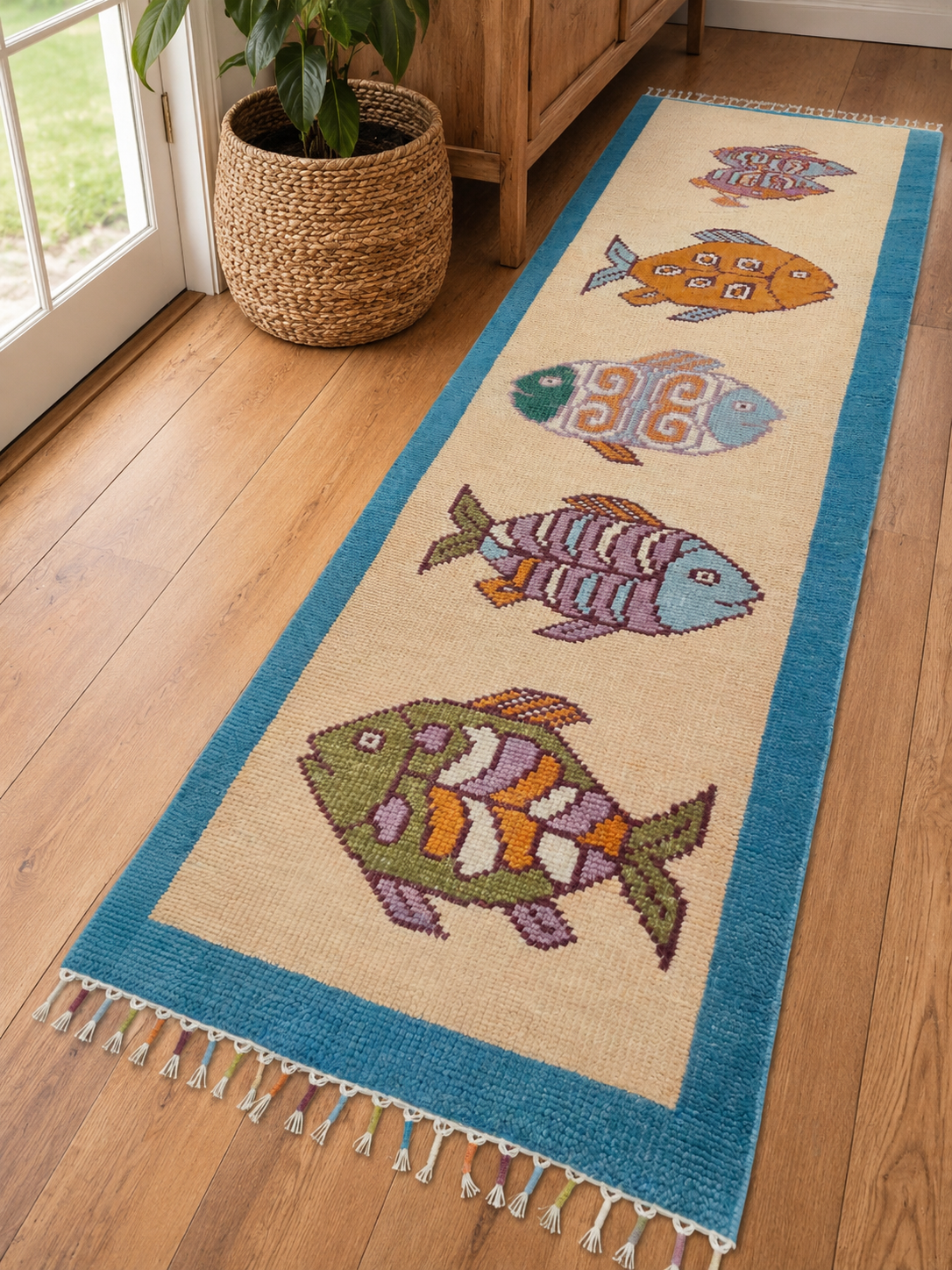 Handmade coastal fish runner rug by Oushakaura displayed on wooden floor with colorful fish motifs, artisan woven texture, and decorative tassel fringe