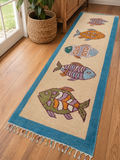 Handmade coastal fish runner rug by Oushakaura displayed on wooden floor with colorful fish motifs, artisan woven texture, and decorative tassel fringe