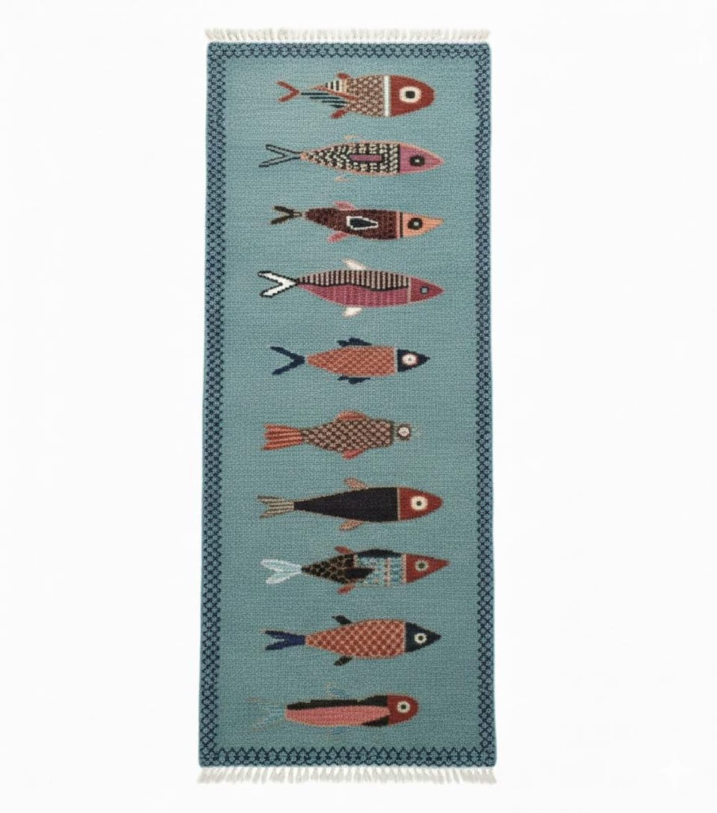 oushakaura Handmade coastal koi fish runner rug with soft blue green background and artisan woven patterns