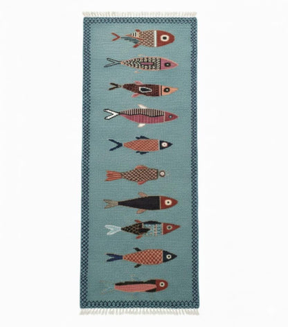 oushakaura Handmade coastal koi fish runner rug with soft blue green background and artisan woven patterns