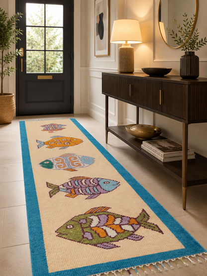 Oushakaura handmade fish runner rug placed in a modern entryway hallway featuring coastal fish motifs, beige base, blue border, and artisan woven texture