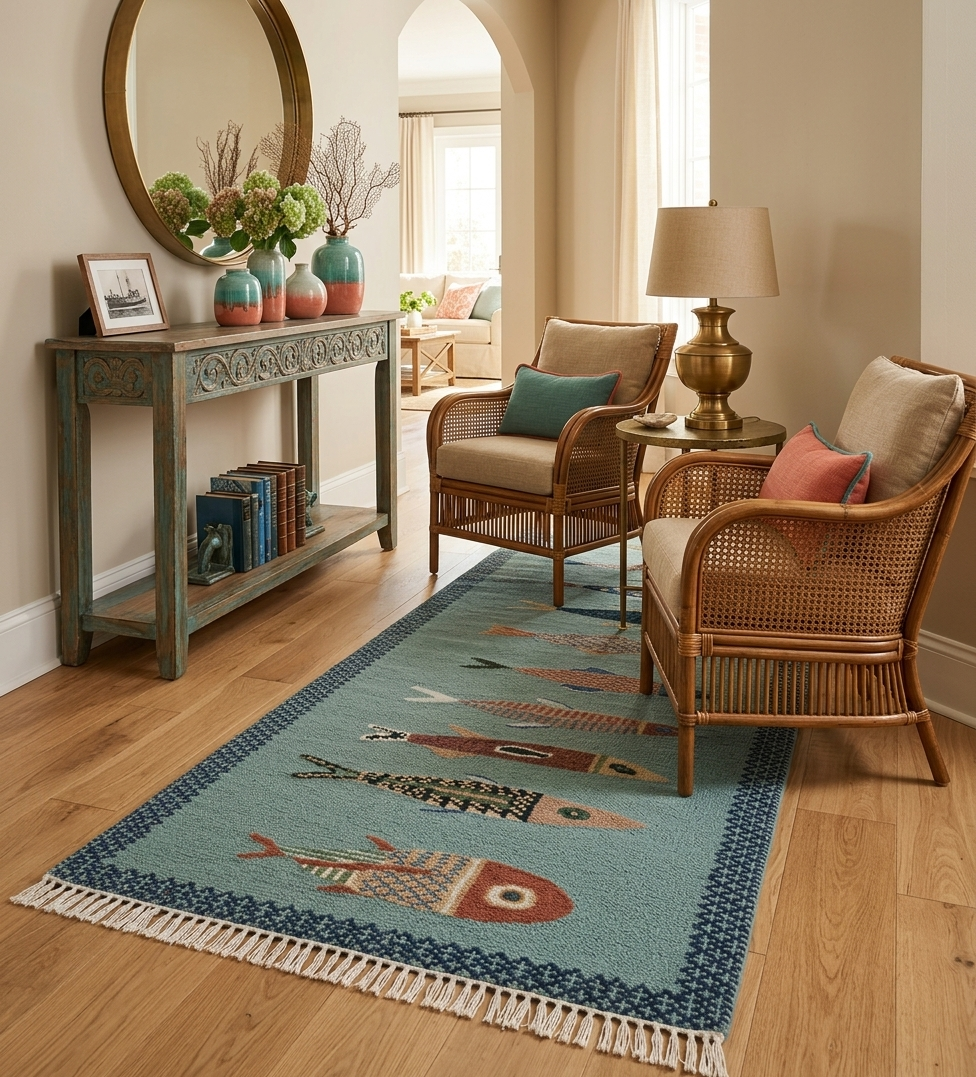 Oushakaura handmade fish runner rug for entryway and hallway decor with coastal cottage styling