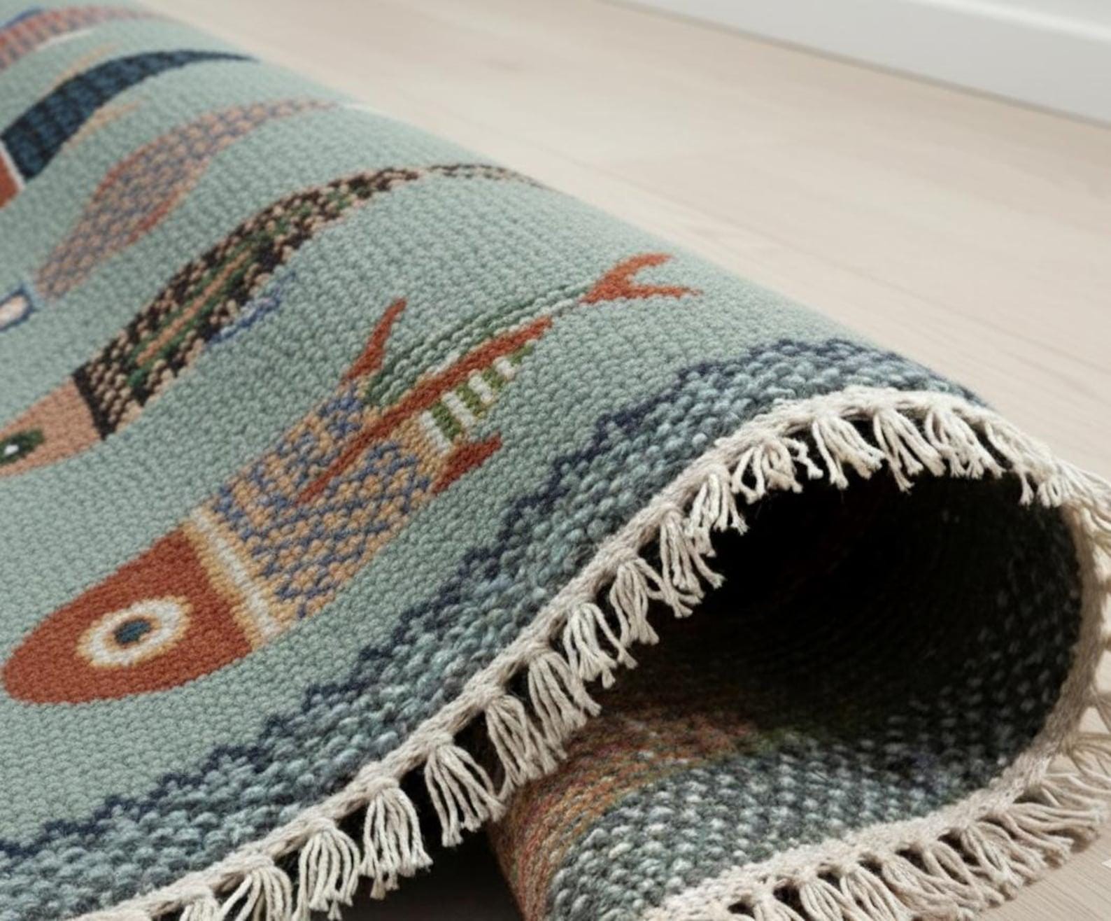 Folded handmade fish runner rug showing woven texture and artisan fringe detailing in soft blue green tones