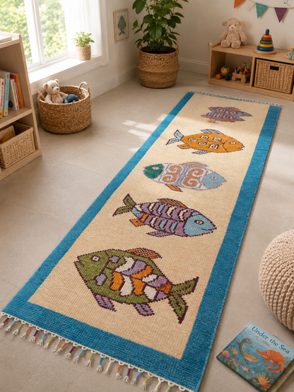 Oushakaura handmade fish runner rug in a kids playroom with colorful coastal fish patterns, soft woven texture, beige background, and blue border