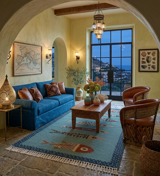 Oushakaura handmade Mediterranean fish runner rug in luxury coastal interior with artisan woven design