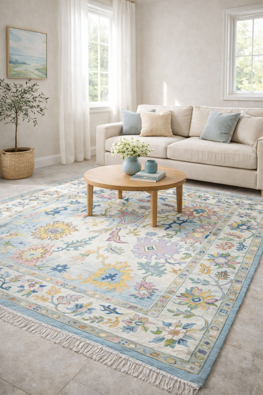 Pastel blue Oushak rug with vintage floral pattern styled in a modern farmhouse living room with natural daylight, cottage style hand tufted wool area rug under round coffee table in a cozy neutral interior.