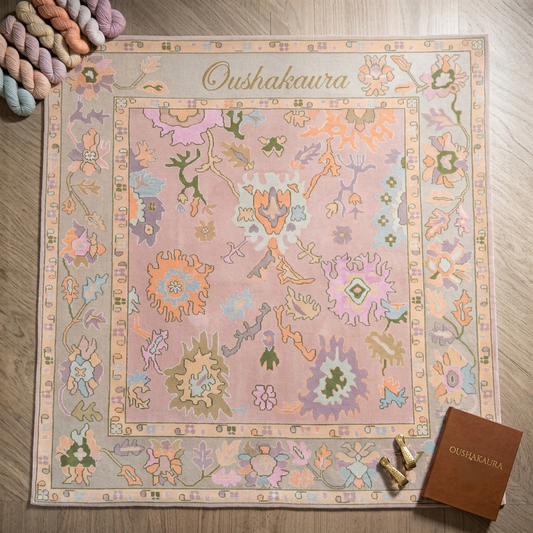 Pastel pink floral rug with colorful vintage flower pattern and botanical border