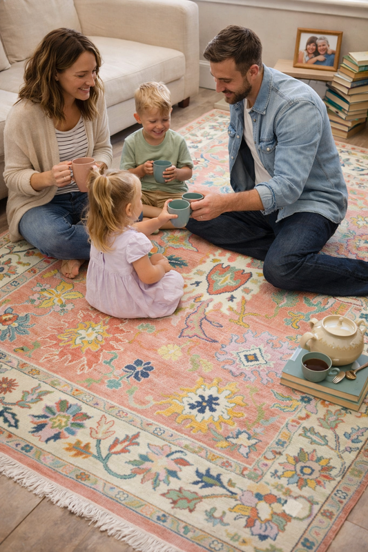 Pastel vintage floral Oushak rug in peach and soft multicolor tones styled in a cozy family living room, bohemian cottage decor wool area rug with floral pattern perfect for warm home interiors.