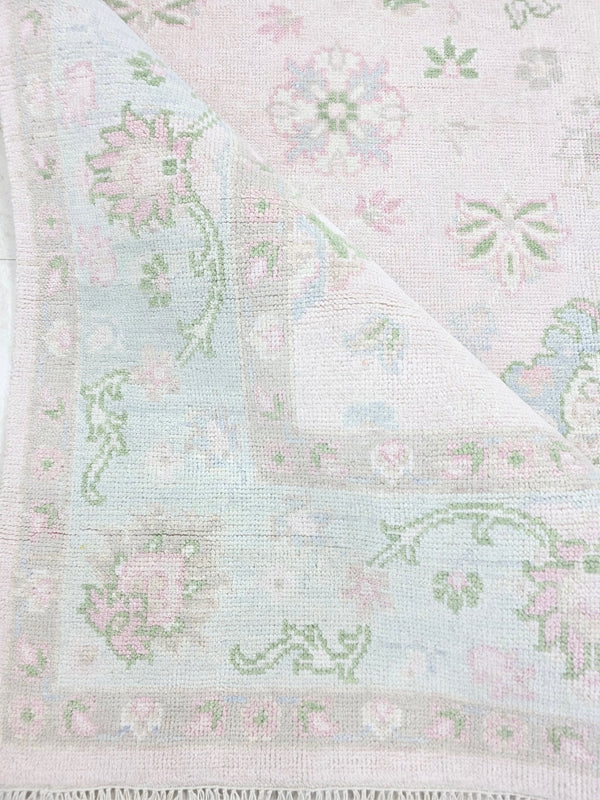 Pink and blue vintage floral rug showing detailed border and pastel botanical motifs