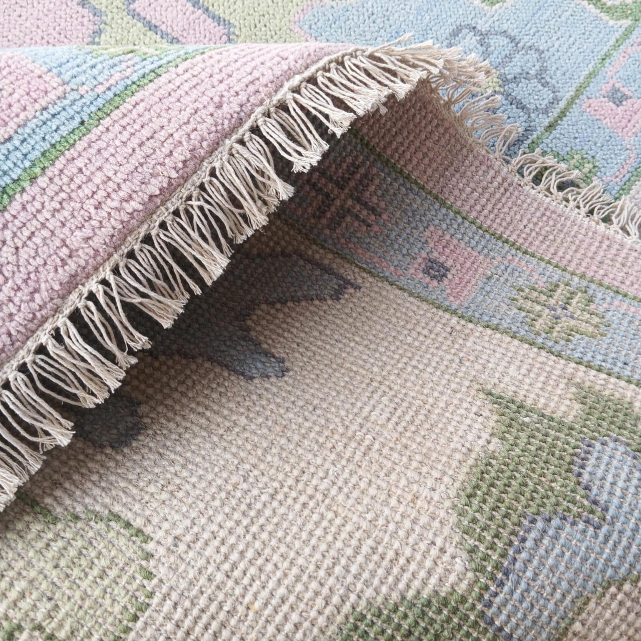 Pink Oushak Rug – Hand Tufted Wool Area Rug with Blue & Green Floral Design