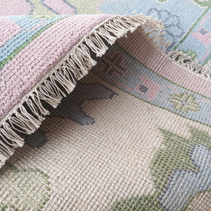Pink Oushak Rug with Blue & Green Floral Design