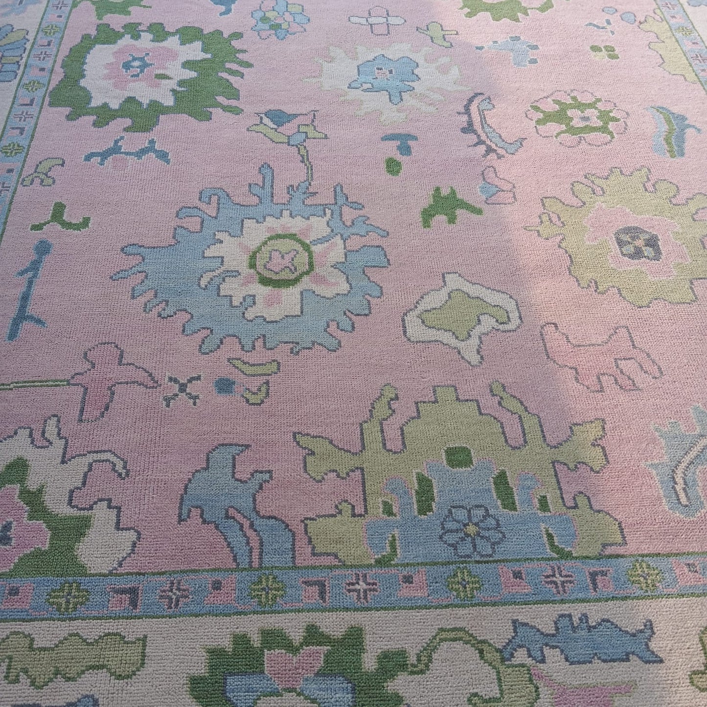 Pink Oushak Rug – Hand Tufted Wool Area Rug with Blue & Green Floral Design