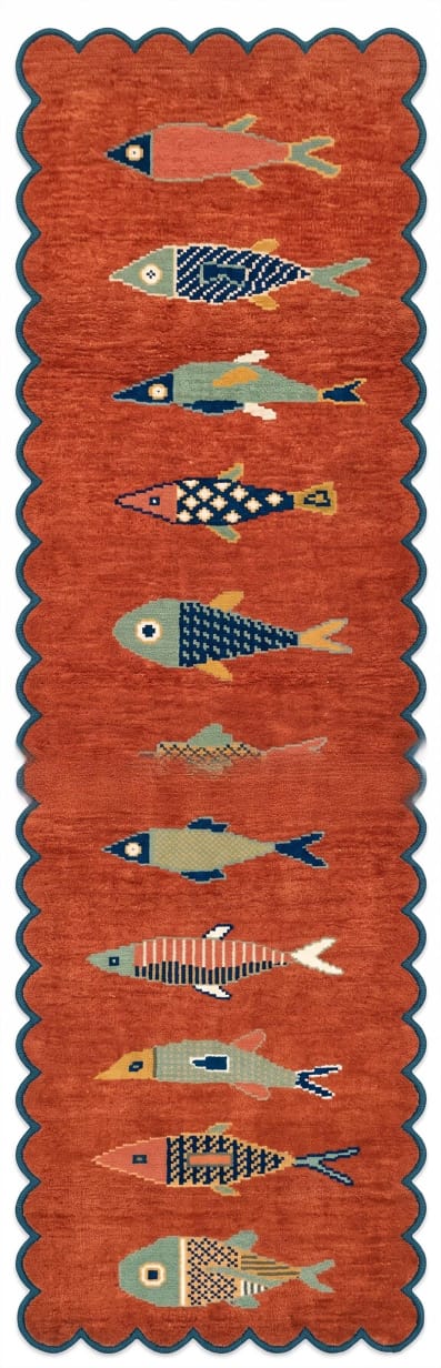 A rectangular area rug with a scalloped border, featuring a warm rust-orange background and a vertical sequence of stylized fish motifs in muted blue, gray, beige, and yellow.